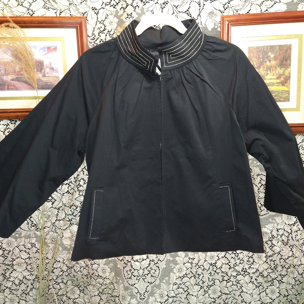Marc Bouwer black blouse silver stitches trim loose fit latch hooks stand collar